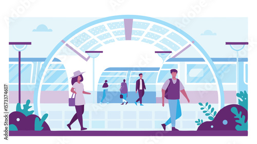 People walking at a modern subway station with train and glass roof in light blue and purple colors
