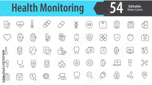 Health Monitoring Line Icons, Heart Rate, Smartwatch Tracker, Blood Pressure, Fitness Band, Health App, Editable Formats: AI, EPS, PNG, JPG, Ideal for Both Digital and Print Use
