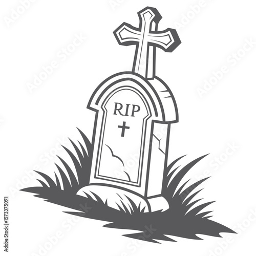 Illustration of a tombstone with rip inscription and cross on top surrounded by grass in grayscale