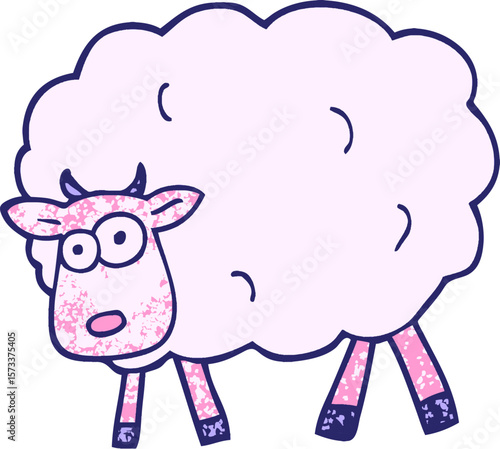 grunge textured illustration cartoon sheep in bright neon color