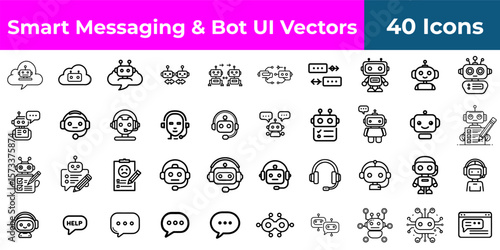 Illustration of various robot icons and chat bubbles in black and white line art style on a white background