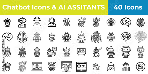 A collection of chatbot and ai assistant icons featuring robots and brain illustrations in black and white