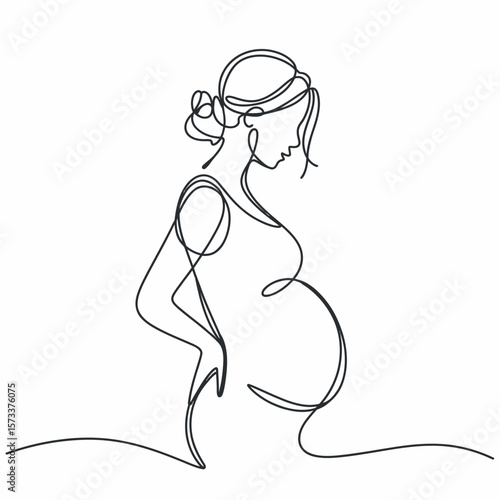 Elegant One Line Drawing of a Pregnant Woman with Hands on Her Back Symbolizing Motherhood Expectation and the Beauty of the Female Form