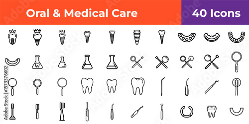 Dental care icons featuring teeth implants tools and equipment isolated on a white background surface