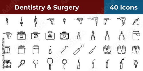 Line art illustration showcasing various dental and construction tools on a white background surface