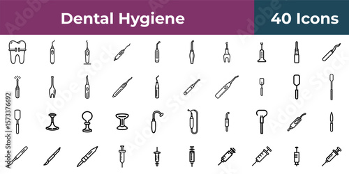 Line art illustration of dental and medical instruments arranged in a grid on a white background