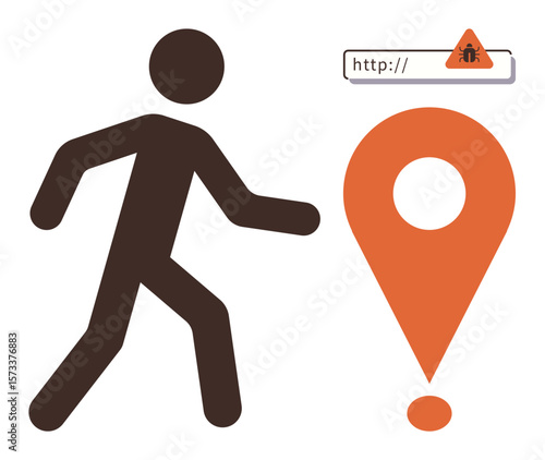Minimalistic figure walking towards an orange map marker with a warning bug icon in a web URL. Ideal for cybersecurity, online threats, navigation safety, phishing awareness, data protection