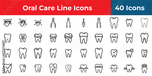 A collection of dental icons featuring teeth, tongues, and dental tools in a white background