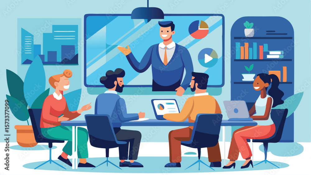 People attending a virtual meeting with a presenter on a screen in a conference room setting illustration People attending a virtual meeting with a presenter on a screen in a conference room setting illustration