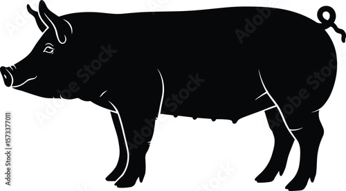 Silhouette of Pig, Farm Animal, Black and White, Vector Illustration, Livestock, Agriculture Symbol, Swine Art, Domestic Pig Icon, Pork Graphic, Minimalist Design, Editable Clipart