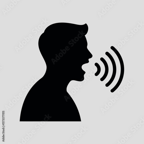 Silhouette of a Person Speaking or Singing with Sound Waves Emanating from the Mouth Representing Communication Voice or Vocal Expression in Black and White