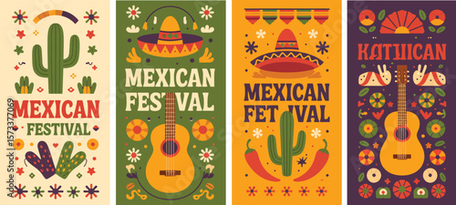"Viva Mexico Vector Illustration – Cute Abstract Mexican Street Scene with Woman in Sombrero, Cactus and Traditional Patterns – Perfect for Cinco de Mayo Cards or Posters"