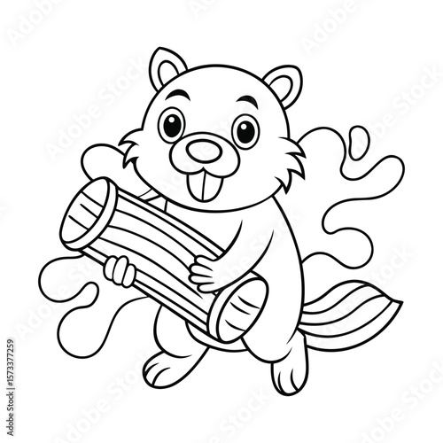 A baby beaver with log in arms and buck teeth for kids coloring book vector illustration.
