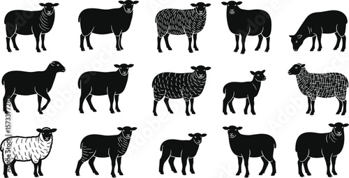 Sheep Silhouette Set, Stylized Wool Patterns, Livestock Animal Icons, Black and White Vector Clipart, Farm Illustration Collection, Editable Minimalist Rural Graphics
