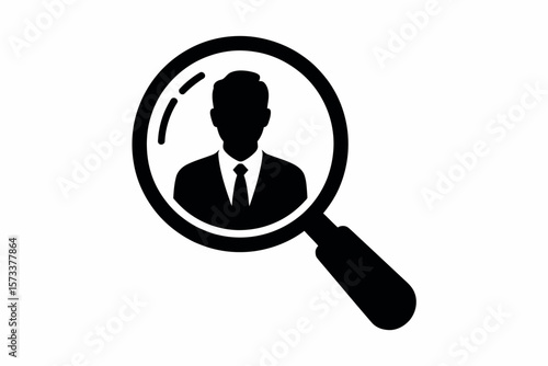 Black Silhouette of a Businessman Under a Magnifying Glass Symbolizing Recruitment Job Search Investigation or Human Resources Isolated on a White Background