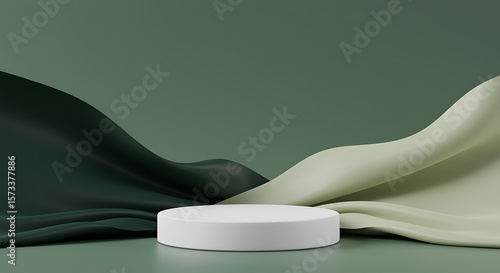 Minimalist product display with white podium and flowing fabric for aesthetic presentation