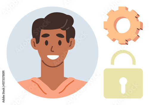 Portrait of a smiling man, illustrated gear, and open padlock. Ideal for user account creation, profile, settings, login security, customization, identity privacy themes simple flat metaphor