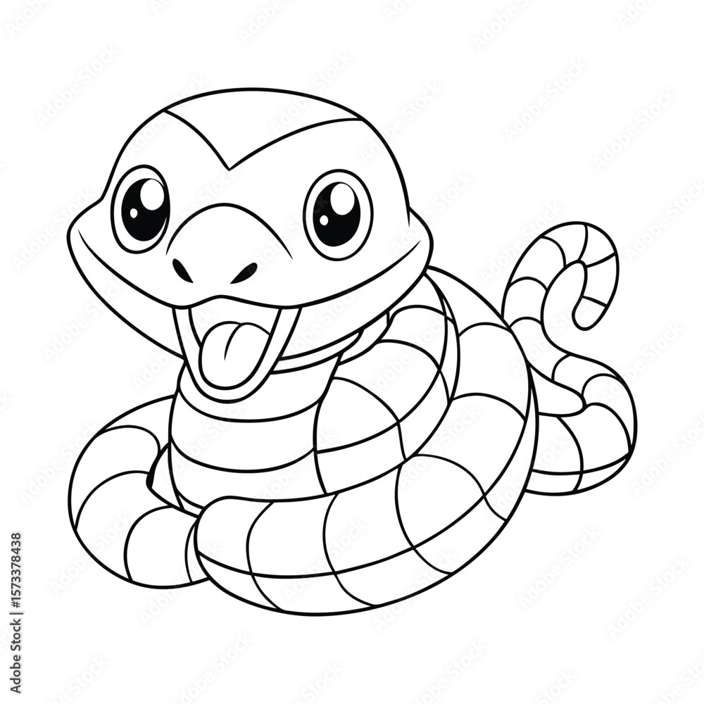 Fototapeta premium A cheerful baby snake coiled and smiling for kids coloring book vector illustration.