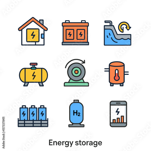 Flat vector icons of energy storage systems: battery, hydrogen, thermal, flywheel, monitoring app
