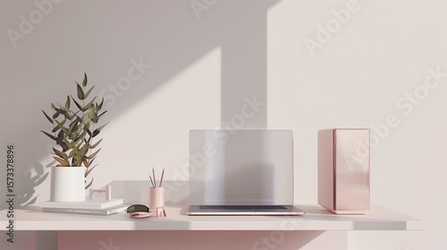 Wallpaper Mural minimalist office desk scene with a transparent wireless speaker, modern product design aesthetic Torontodigital.ca