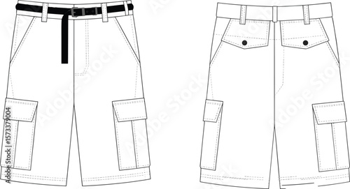 Front and Back View of Belted Cargo Shorts Illustration, Flap Pockets, Button Detailing, Stylish Stitching, Fashion Apparel Design, Summer Wear