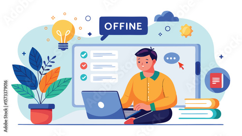 Illustration of a person using a laptop with an offline message and various design elements