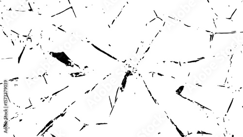 Crack effect collage of broken glass on white background. Transparent cracked black glass texture. Collection of cracks of broken glass on black background. Concept of shots on the window for design.