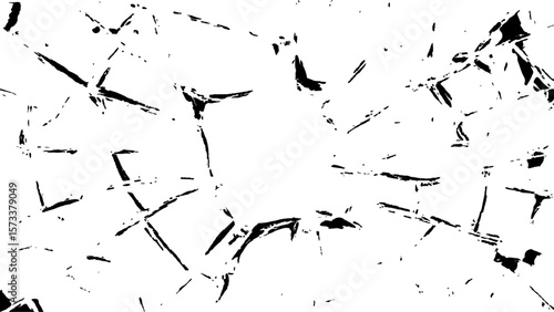 Crack effect collage of broken glass on white background. Transparent cracked black glass texture. Collection of cracks of broken glass on black background. Concept of shots on the window for design.