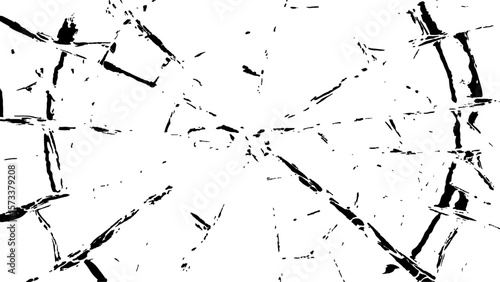 Crack effect collage of broken glass on white background. Transparent cracked black glass texture. Collection of cracks of broken glass on black background. Concept of shots on the window for design.