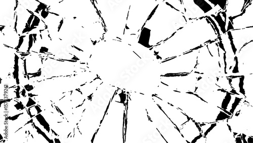 Crack effect collage of broken glass on white background. Transparent cracked black glass texture. Collection of cracks of broken glass on black background. Concept of shots on the window for design.