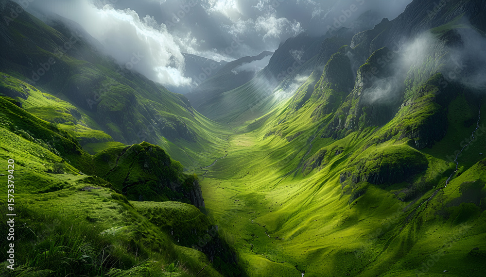 Fototapeta premium Skąpana w słońcu zielona, górska dolina otoczona mgłą. 