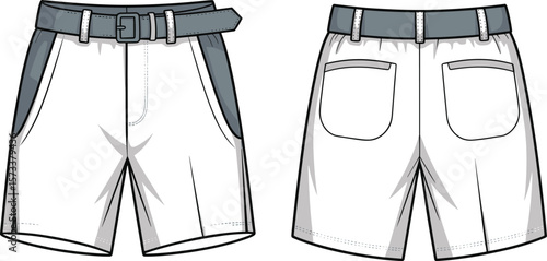Front and Back View of White Shorts with Grey Belt, Flap Pockets, Summer Casual Clothing, Fashion Illustration, Apparel Design, Comfortable Wear