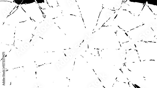 Crack effect collage of broken glass on white background. Transparent cracked black glass texture. Collection of cracks of broken glass on black background. Concept of shots on the window for design.
