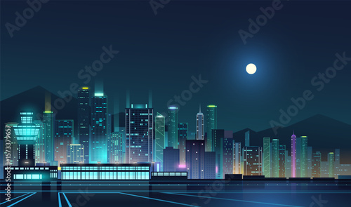 Night city lights with moon