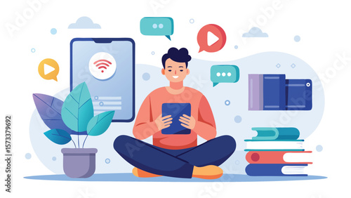 Illustration of a man sitting cross legged holding a tablet with books and a phone nearby online