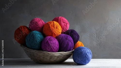 Colorful yarn balls in a wicker basket against a textured background