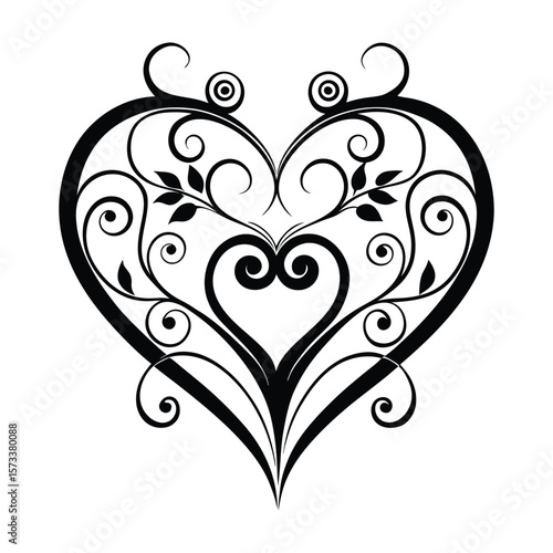 Elegant black heart shape with swirling floral vine and leaf decorative design