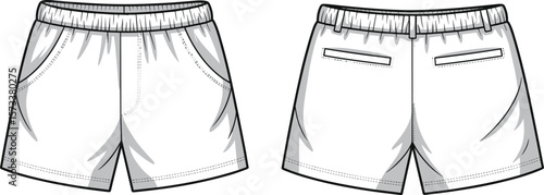 White shorts front and back view, casual summer fashion, stylish design, comfortable fit, elastic waistband, trendy apparel, outdoor wear