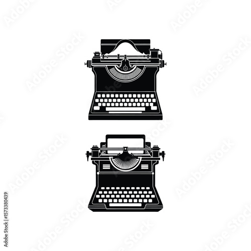 Two black silhouette vintage typewriters facing forward on a white background