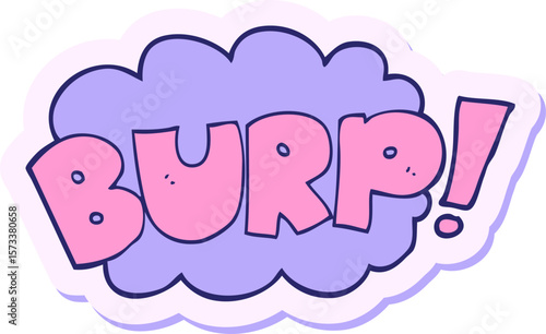 sticker of a cartoon burp text in bright neon color