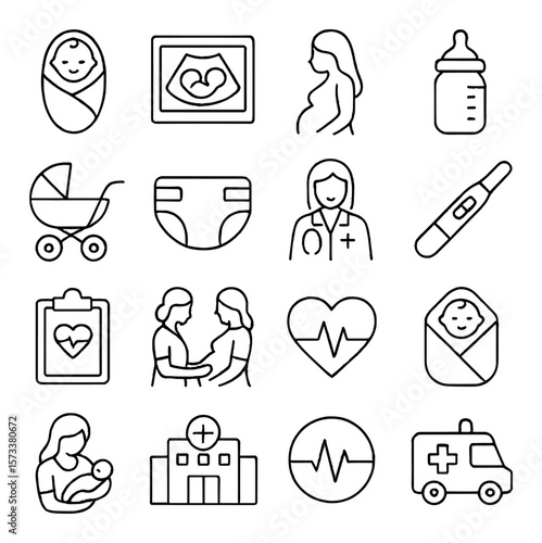 Maternity icons collection, pregnancy and newborn symbols. parenthood and baby care set