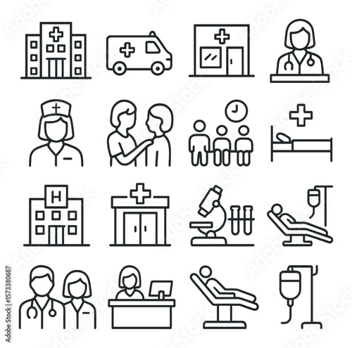 Medical facility icon collection, healthcare symbols. clinic and hospital design set
