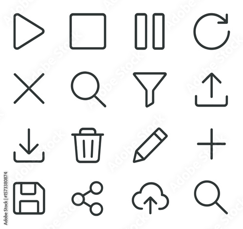 Action icons collection, essential interactive symbols. quick use and functional set