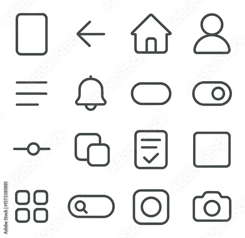Minimalist mobile icons collection, simple and intuitive design. essential app symbols set