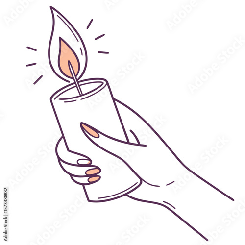 A hand holding a lit candle with a bright flame and radiating light in a minimalist line art style drawing