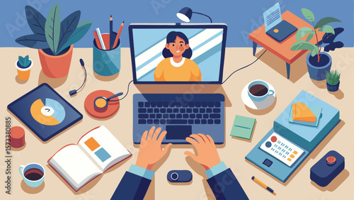 Person attending a video call on a laptop with desk accessories and plants in a bright and airy office space