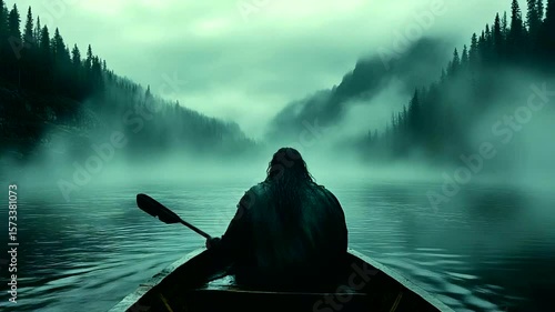 Solo boater on a foggy lake, forested mountains in background
