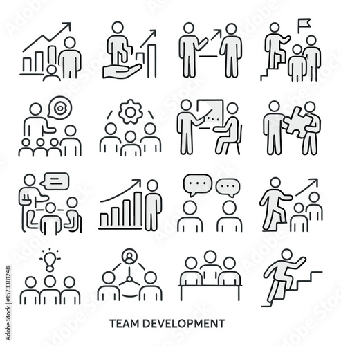 Team growth icon collection, collaboration and development symbols for business strategy