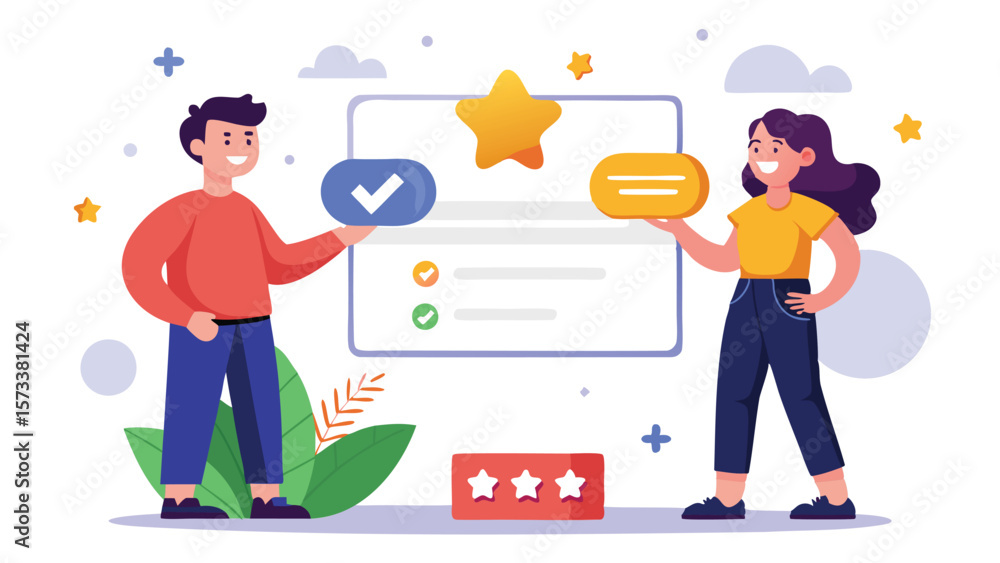 People interacting with a checklist and star rating system in a modern flat illustration style People interacting with a checklist and star rating system in a modern flat illustration style