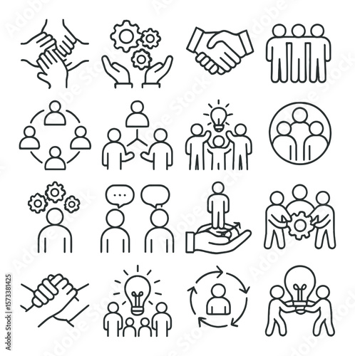Teamwork icon collection, collaboration pictograms. team-building and cooperation symbols